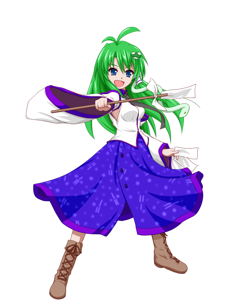 ahoge blue_dress blue_eyes boots cross-laced_footwear detached_sleeves dress full_body gohei green_hair highres kochiya_sanae lace-up_boots long_hair ofuda smile solo teitoku the_last_comer touhou transparent_background
