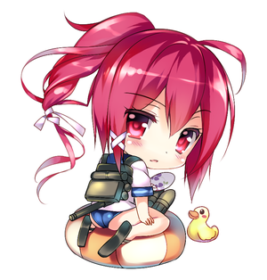 backpack bag chibi fan i-168_(kantai_collection) innertube kantai_collection long_hair looking_back lowres one-piece_swimsuit paper_fan ponytail red_eyes red_hair rei_(rei's_room) rubber_duck solo swimsuit swimsuit_under_clothes uchiwa