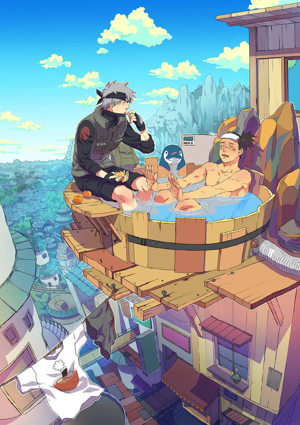 bag bandages bath bathing brown_hair catwalk closed_eyes clothesline cloud day eating fingerless_gloves food forehead_protector fruit gloves hatake_kakashi highres konohagakure lotus_temple male_focus mask mount_rushmore mountain multiple_boys naruto naruto_(series) noodles nude orange outdoors pants pants_rolled_up plant ponytail ramen rooftop scar shirt sign silver_hair sky sleeves_rolled_up soaking_feet t-shirt tan toned toned_male tree umino_iruka vanishing_point vest water