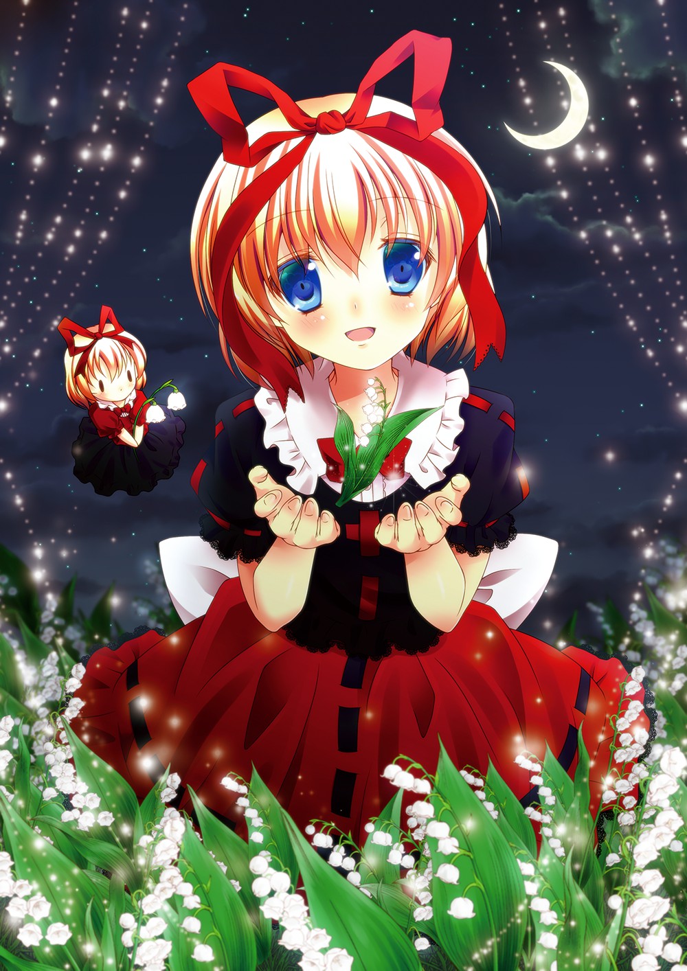 arms_up bad_id bad_pixiv_id blonde_hair blouse blue_eyes chisamikan crescent_moon flower flying hair_ribbon head_tilt highres lily_of_the_valley looking_at_viewer medicine_melancholy moon night night_sky open_hands open_mouth outdoors ribbon short_hair skirt sky solo su-san touhou