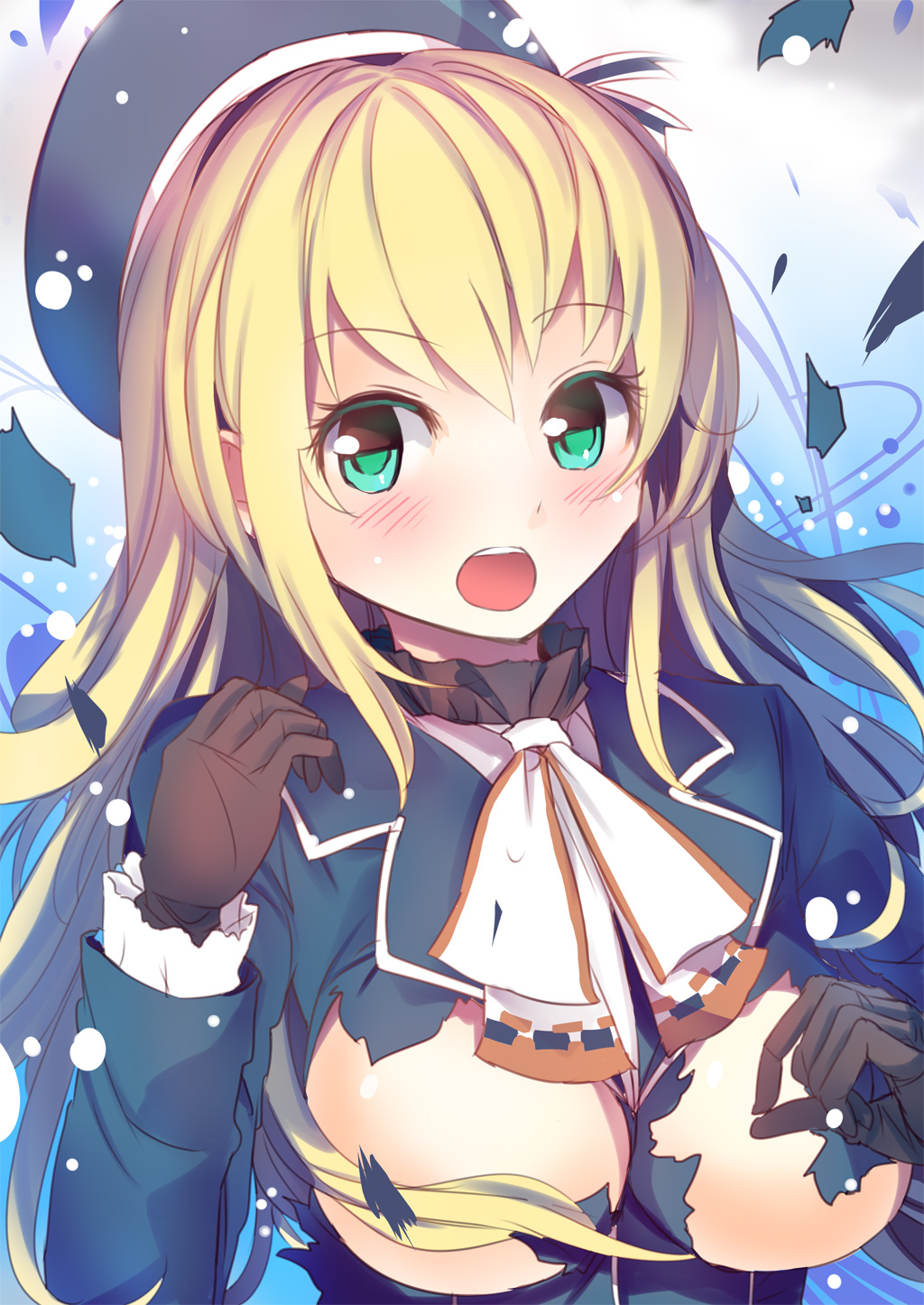 :o atago_(kantai_collection) black_gloves blonde_hair blush breasts culter gloves green_eyes hat highres kantai_collection large_breasts long_hair looking_at_viewer military military_uniform open_mouth solo torn_clothes uniform