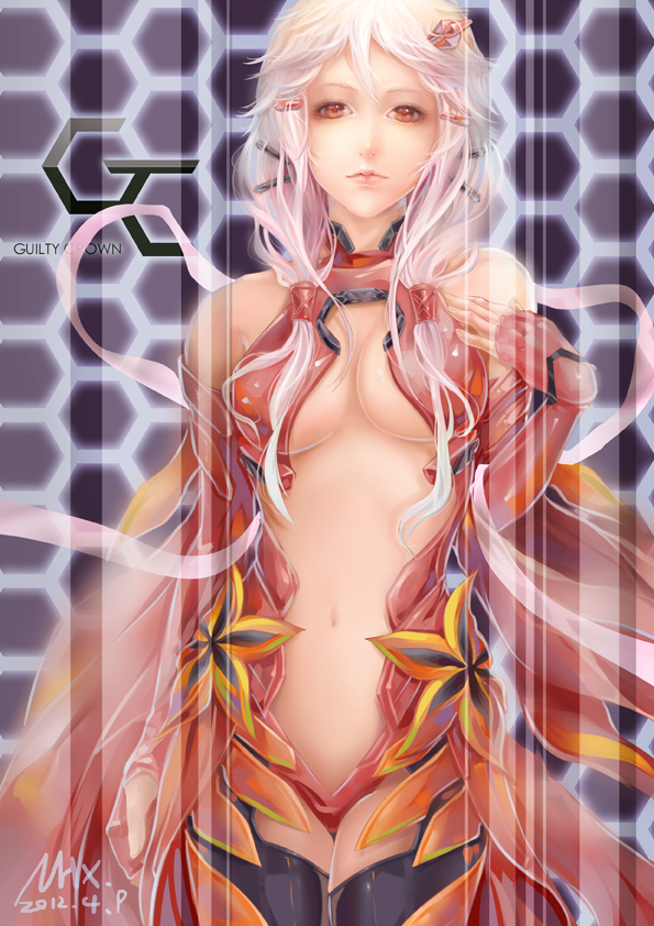 2012 breasts center_opening cleavage copyright_name dated fingerless_gloves gloves guilty_crown hair_ornament hairclip hexagon lips medium_breasts navel pink_hair shoumura_(mix) signature solo yuzuriha_inori