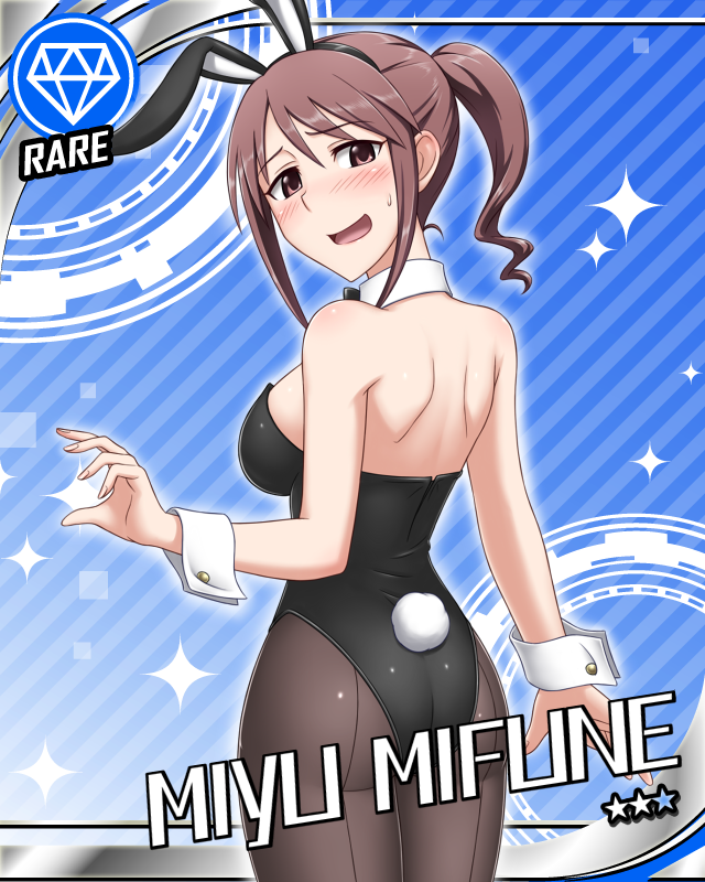 animal_ears ass back black_legwear bow bowtie breasts brown_eyes brown_hair bunny_ears bunny_tail bunnysuit card_(medium) card_parody character_name cinderella_girls_card_parody diamond_(symbol) fake_animal_ears idolmaster idolmaster_cinderella_girls leotard long_hair looking_back medium_breasts mifune_miyu open_mouth pantyhose pataniito solo tail wrist_cuffs