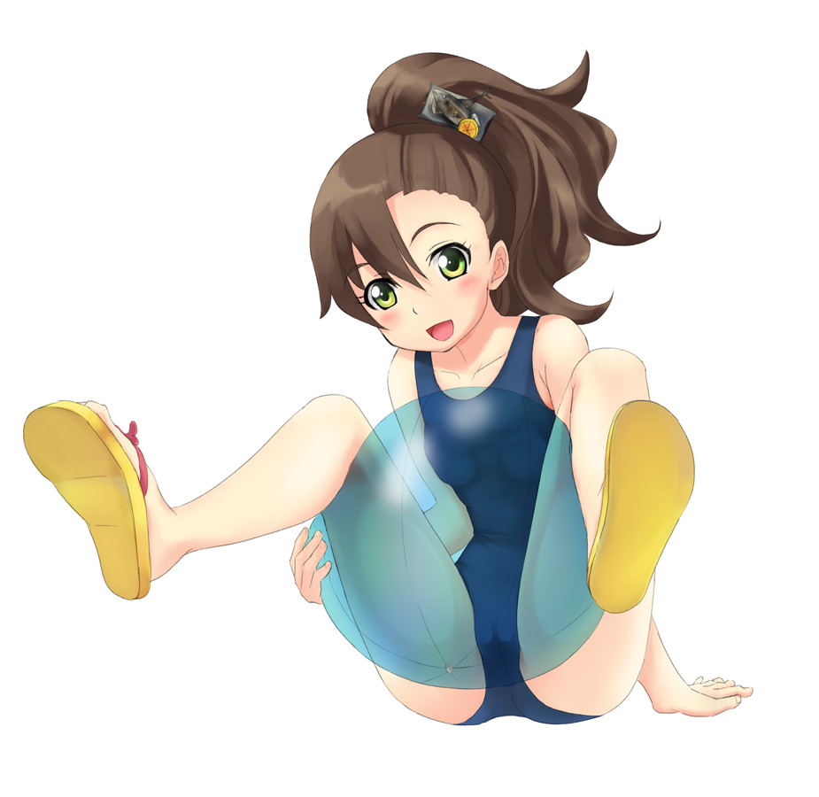 bad_id bad_pixiv_id ball brown_hair chousoku_henkei_gyrozetter cool_(am2) green_eyes hair_ornament inaba_rinne long_hair sandals school_swimsuit side_ponytail spread_legs swimsuit transparent