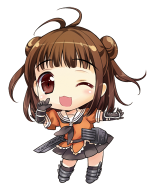 ;3 ;d antenna_hair bangs blunt_bangs brown_eyes brown_hair cannon chibi double_bun elbow_gloves gloves kantai_collection lowres naka_(kantai_collection) one_eye_closed open_mouth pleated_skirt rei_(rei's_room) sailor_collar short_hair skirt smile solo