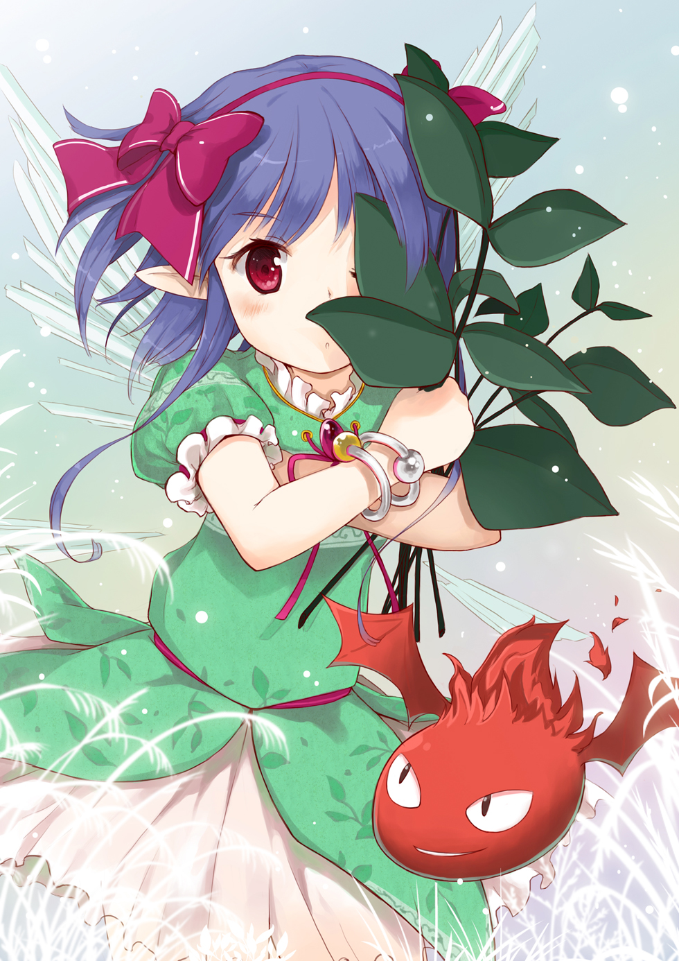 bad_id bad_pixiv_id bow bracelet creature dress elfin_mint fugie green_shirt hair_bow hairband highres jewelry leaf one_eye_closed original pink_bow pointy_ears print_shirt purple_hair red_eyes shirt short_hair solo the_last_comer touhou wings