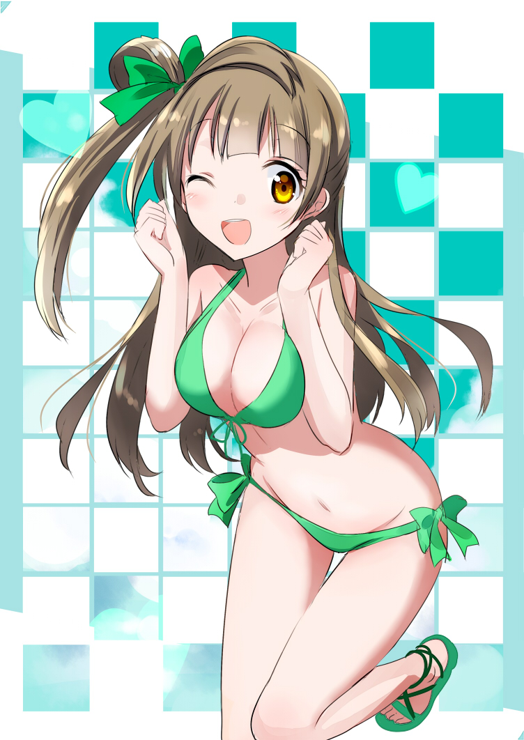 ;d bad_id bad_pixiv_id bikini blush bow breasts brown_eyes brown_hair cleavage front-tie_top gochou_(atemonai_heya) green_bikini hair_bow heart long_hair love_live! love_live!_school_idol_project medium_breasts minami_kotori navel one_eye_closed open_mouth sandals side-tie_bikini smile solo swimsuit thigh_gap