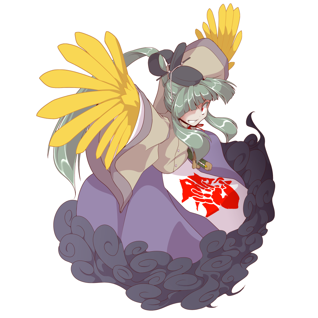 bad_id bad_pixiv_id crazy_eyes dress full_body green_hair grin kanenoya long_hair mystical_power_plant original outstretched_arms ponytail red_eyes sidelocks smile smoke solo spread_arms suitokuin_tenmu touhou transparent_background wings