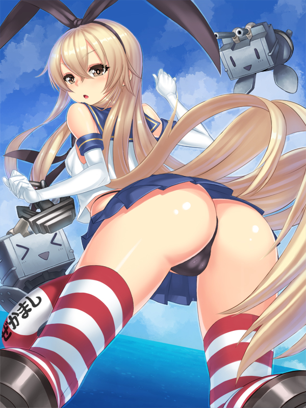 anchor ass black_panties blonde_hair blush cameltoe elbow_gloves gloves hair_ornament hairband kantai_collection lifebuoy long_hair looking_at_viewer panties rensouhou-chan shimakaze_(kantai_collection) skirt solo striped striped_legwear thighhighs thong underwear white_gloves yapo_(croquis_side)