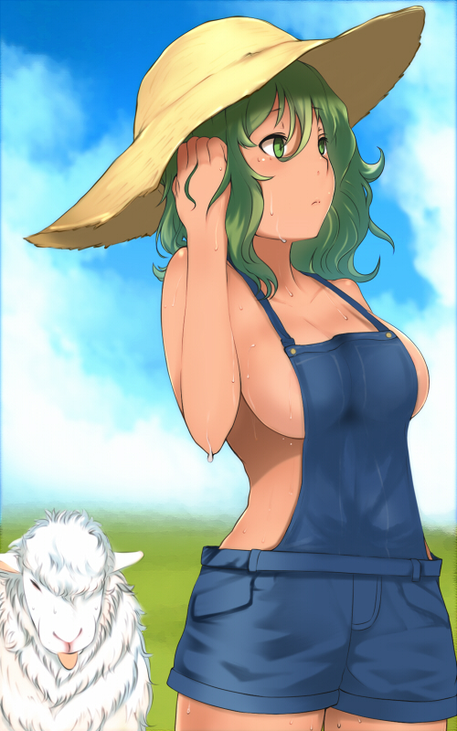 bad_id bad_pixiv_id bare_shoulders breasts ginji74 green_hair hat large_breasts messy_hair naked_overalls no_bra original overalls sheep sideboob solo straw_hat sun_hat sweat tongue wet