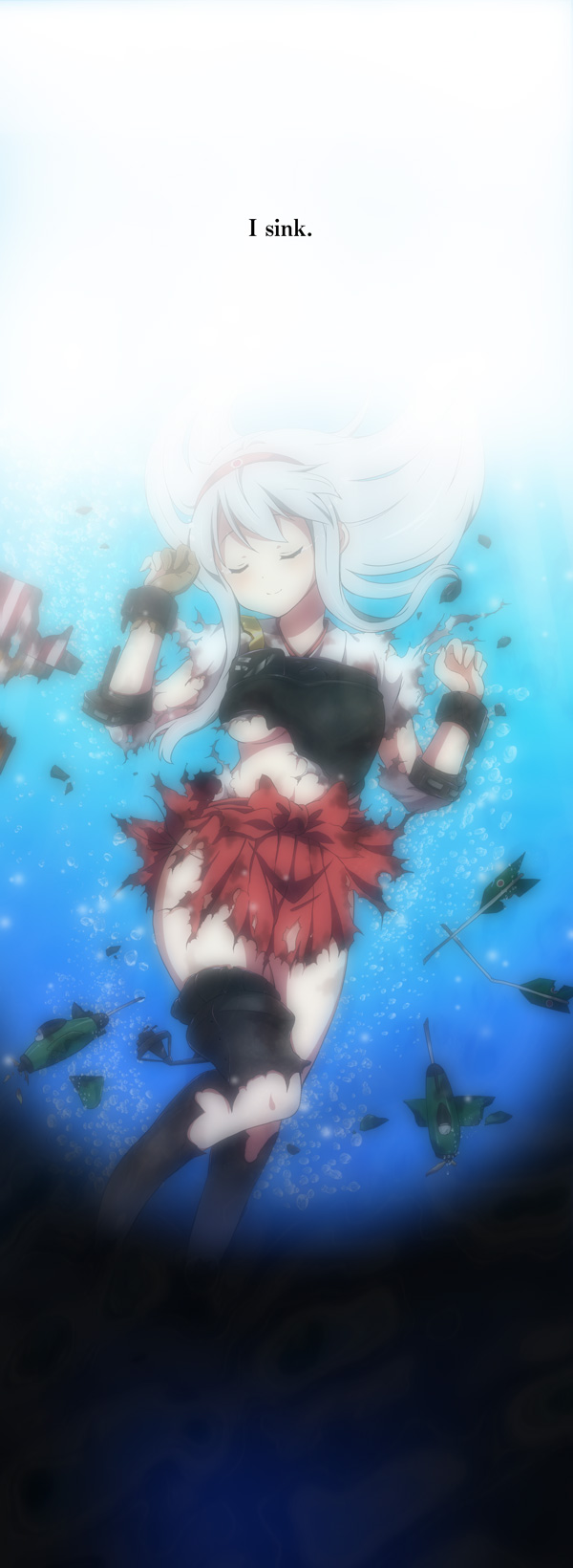bad_id bad_pixiv_id blush breasts english hairband highres japanese_clothes kantai_collection large_breasts long_hair muneate ragho_no_erika shoukaku_(kantai_collection) silver_hair sinking skirt smile solo thighhighs torn_clothes underwater wet wet_clothes