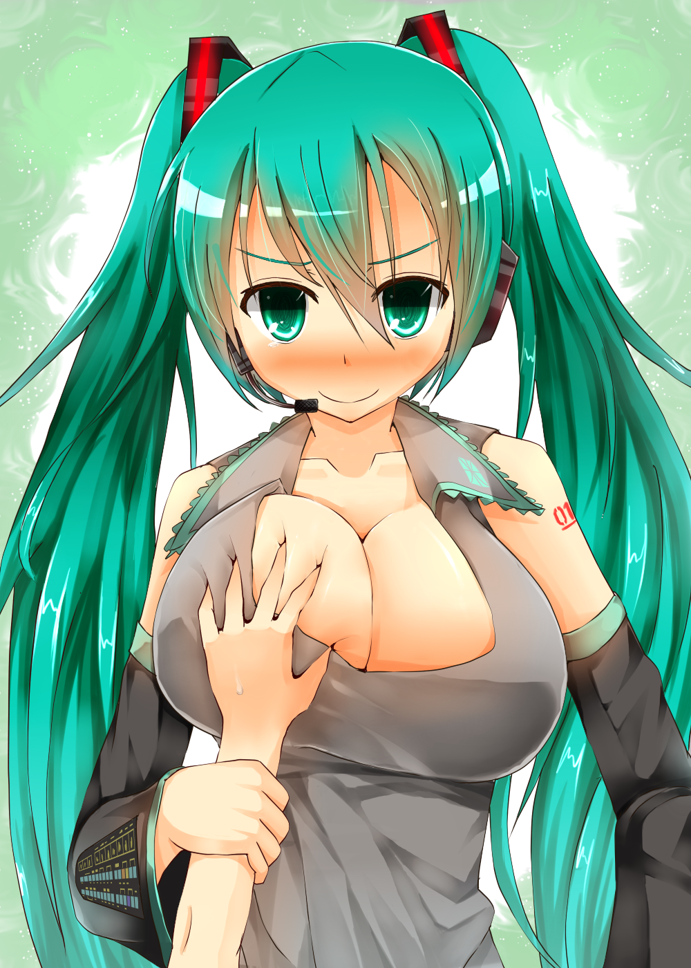 bad_id bad_pixiv_id breast_grab breasts cleavage detached_sleeves facominn grabbing green_eyes green_hair guided_breast_grab hatsune_miku headset highres large_breasts long_hair smile twintails vocaloid