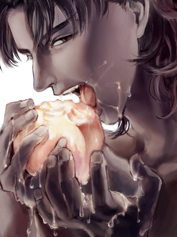 bad_id bad_pixiv_id brown_eyes brown_hair eating fate/stay_night fate_(series) food fruit kotomine_kirei male_focus peach realistic saliva sexually_suggestive solo suggestive_fluid yonic_symbol yothiyothi
