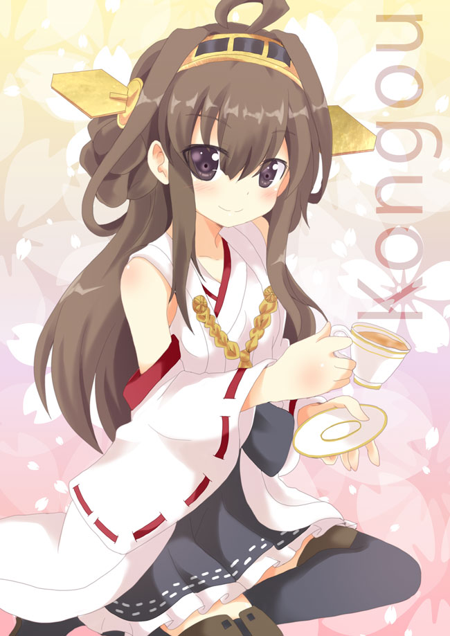 ahoge bare_shoulders blush brown_hair cup detached_sleeves hairband headgear japanese_clothes kantai_collection kongou_(kantai_collection) long_hair looking_at_viewer massala ribbon-trimmed_sleeves ribbon_trim saucer skirt smile solo teacup thighhighs wide_sleeves