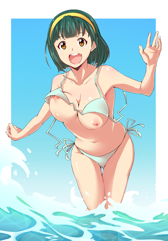 :d bangs bikini blunt_bangs blush bouncing_breasts breasts cleavage clenched_hand day egooo gradient green_hair hairband idolmaster idolmaster_(classic) knees_together_feet_apart large_breasts leaning_forward looking_at_viewer mole mole_under_mouth navel nipple_slip nipples ocean open_mouth orange_eyes otonashi_kotori outdoors outstretched_arm short_hair side-tie_bikini sky smile solo splashing standing string_bikini summer swimsuit thigh_gap unaligned_breasts wading wardrobe_malfunction water waving yellow_hairband