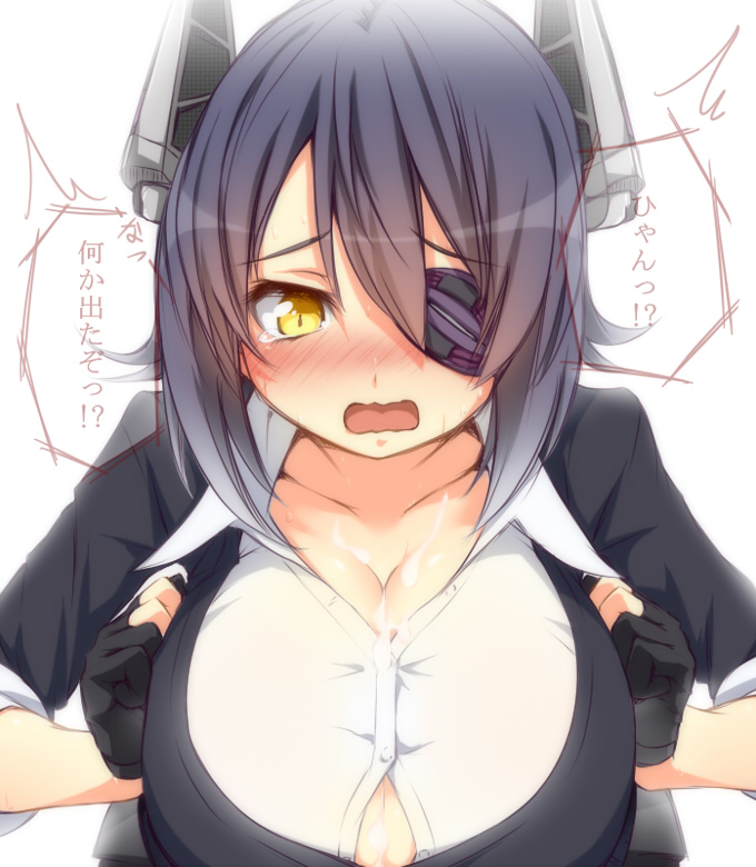 blush breasts button_gap buttons cleavage collared_shirt cum cum_in_mouth cum_on_body cum_on_upper_body eyepatch gloves headgear implied_paizuri kantai_collection large_breasts looking_at_viewer no_neckwear paizuri paizuri_under_clothes partly_fingerless_gloves purple_hair shirt short_sleeves solo tears tenryuu_(kantai_collection) tori_(minamopa) translation_request yellow_eyes