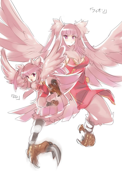 breasts character_name chibi dress dual_persona feathered_wings feathers fion_(naso4) hair_feathers harpy long_hair medium_breasts monster_girl naso4 no_arms original pink_eyes pink_hair talons translated two_side_up wings