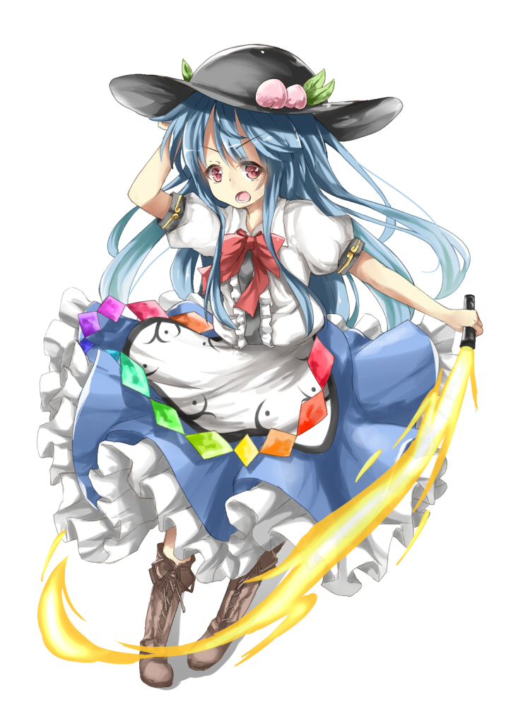 blue_hair boots bow cross-laced_footwear deetamu food fruit hat hinanawi_tenshi long_hair looking_at_viewer open_mouth peach red_eyes skirt solo sword_of_hisou touhou