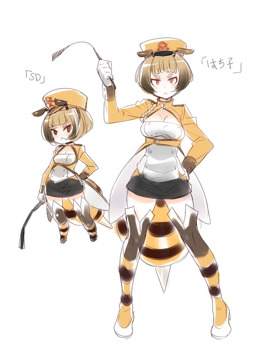 :&lt; antennae bee_girl black_hair bob_cut breasts character_name chibi cleavage dual_persona gloves hand_on_hip hat insect_girl jacket medium_breasts miniskirt monster_girl naso4 orange_eyes original riding_crop short_hair skirt striped thighhighs translated white_gloves