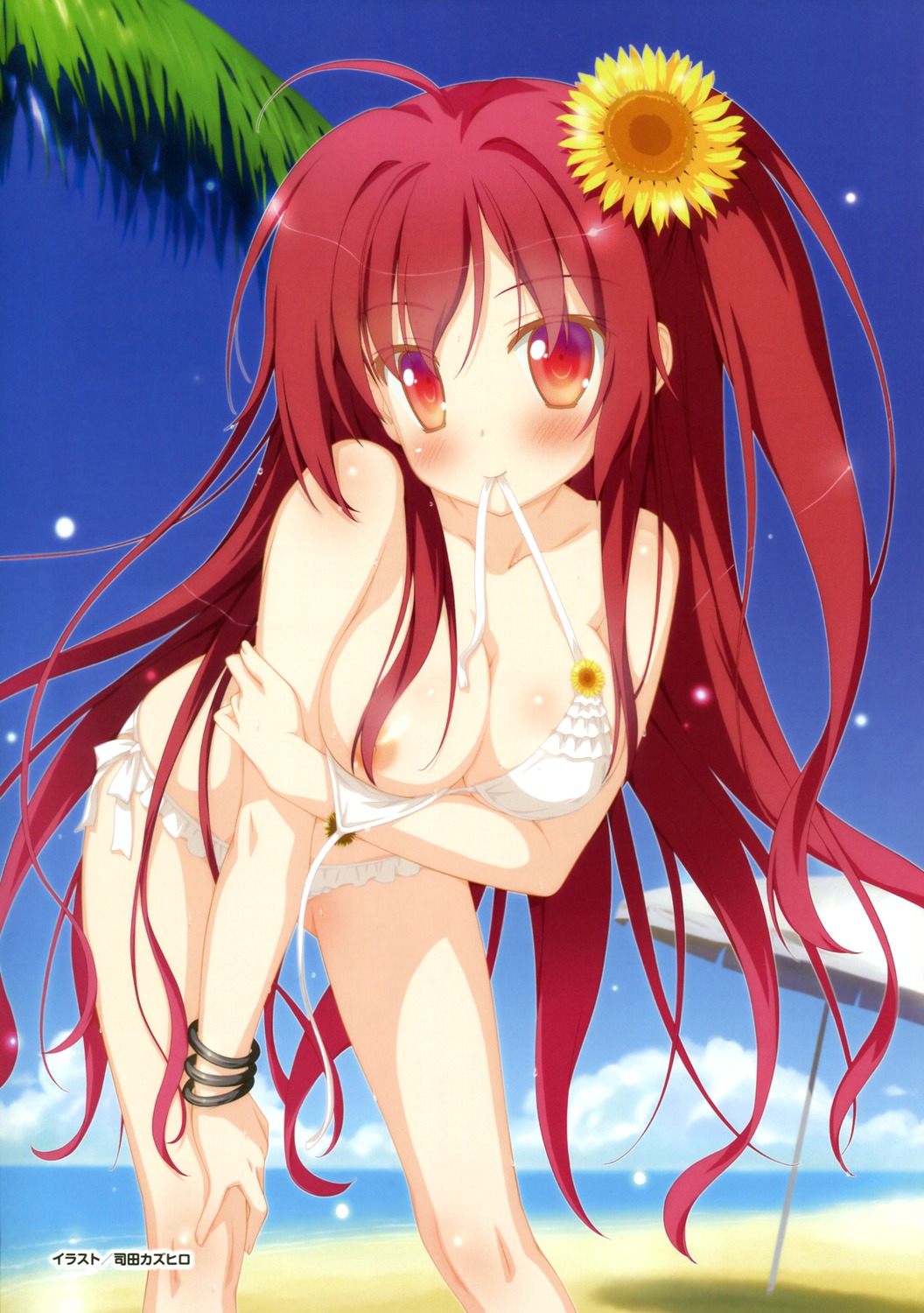 1girl absurdres astraea_no_shiroki_towa bangle beach bent_over bikini blue_sky blush bracelet breast_hold breasts cleavage duplicate flower hair_flower hair_ornament hand_on_knee highres jewelry long_hair looking_at_viewer mouth_hold nipples one_side_up red_eyes red_hair scan shida_kazuhiro sky smile solo sunflower swimsuit tachibana_ochiba very_long_hair white_bikini white_swimsuit