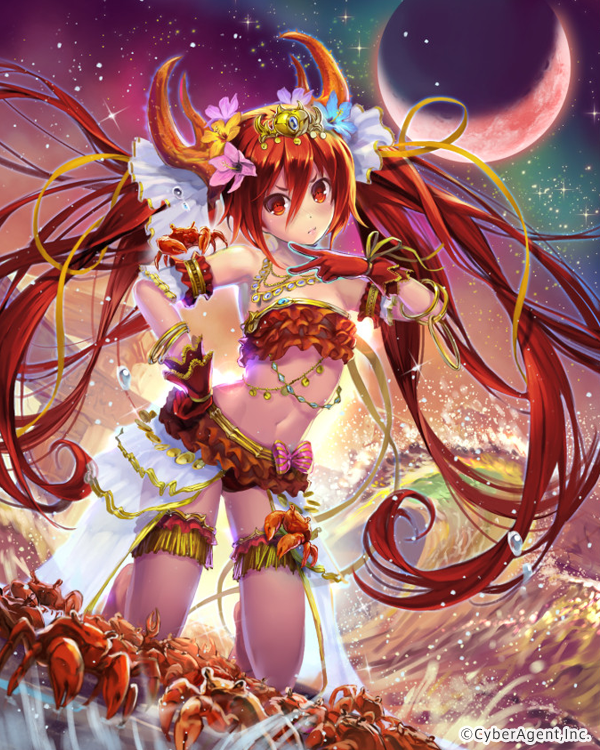bikini bow bracelet crab flat_chest flower frilled_bikini frills gloves hair_flower hair_ornament hand_on_hip hmk84 horns jewelry kneeling long_hair midriff moon navel red_eyes red_gloves red_hair sky solo star_(sky) starry_sky swimsuit tenkuu_no_crystalia thigh_strap twintails v very_long_hair water