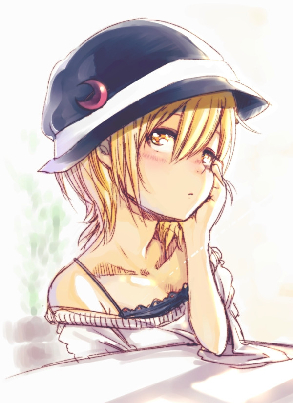 alternate_costume blonde_hair blush casual chin_rest contemporary crescent hand_on_own_chin harusame_(unmei_no_ikasumi) hat looking_at_viewer lunasa_prismriver short_hair solo touhou yellow_eyes