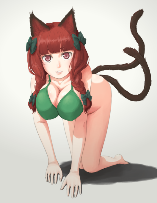 animal_ears bottomless bra braid breasts cat_ears cat_tail kaenbyou_rin kitano_(kitanosnowwhite) large_breasts lips red_eyes red_hair ribbon short_hair smile solo tail touhou twin_braids underwear