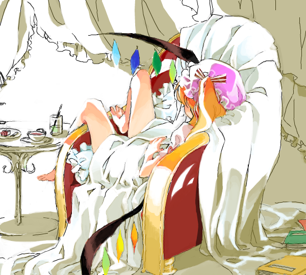 barefoot blonde_hair book cup flandre_scarlet food glass hat pillow ritz_(h322) sitting solo teacup touhou