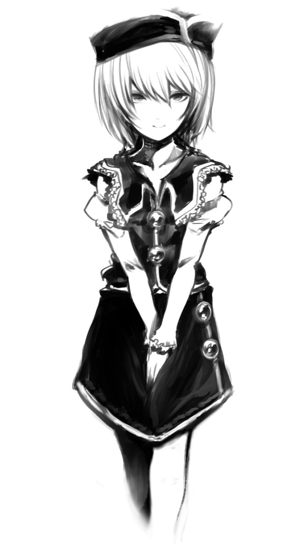 crescent greyscale hands_together harusame_(unmei_no_ikasumi) hat looking_at_viewer lunasa_prismriver monochrome short_hair skirt smile solo touhou