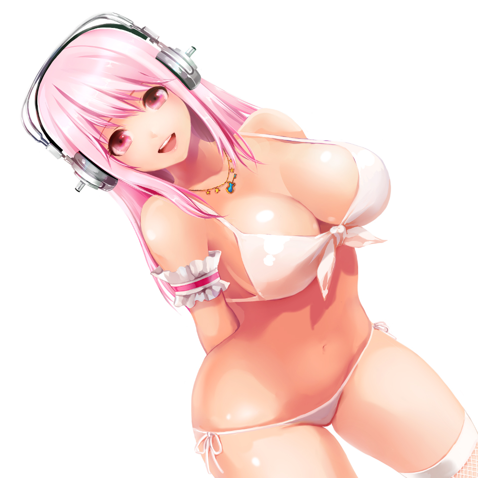 arm_garter arms_behind_back bikini breasts cleavage cowboy_shot dutch_angle fishnets front-tie_top headphones jewelry koshika_rina large_breasts long_hair looking_at_viewer navel necklace nitroplus open_mouth pink_eyes pink_hair revision side-tie_bikini simple_background smile solo super_sonico swimsuit thighhighs white_background white_legwear
