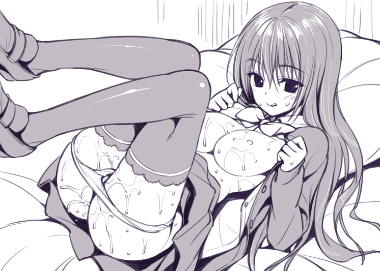 :p bangs bed bed_sheet breasts greyscale jacket large_breasts legs_up long_hair looking_at_viewer lying monochrome nipples on_back on_bed open_clothes open_jacket original oryou panties panty_pull pillow ribbon shoes skirt solo thighhighs tongue tongue_out tsurime underwear white_background