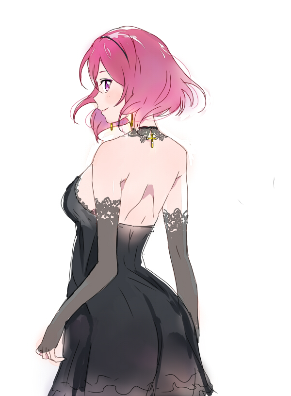 back bad_id bad_pixiv_id black_dress blush detached_sleeves dress earrings from_behind jewelry looking_at_viewer looking_back love_live! love_live!_school_idol_project nishikino_maki profile purple_eyes red_hair short_hair sleeveless sleeveless_dress smile solo ume_(plumblossom)