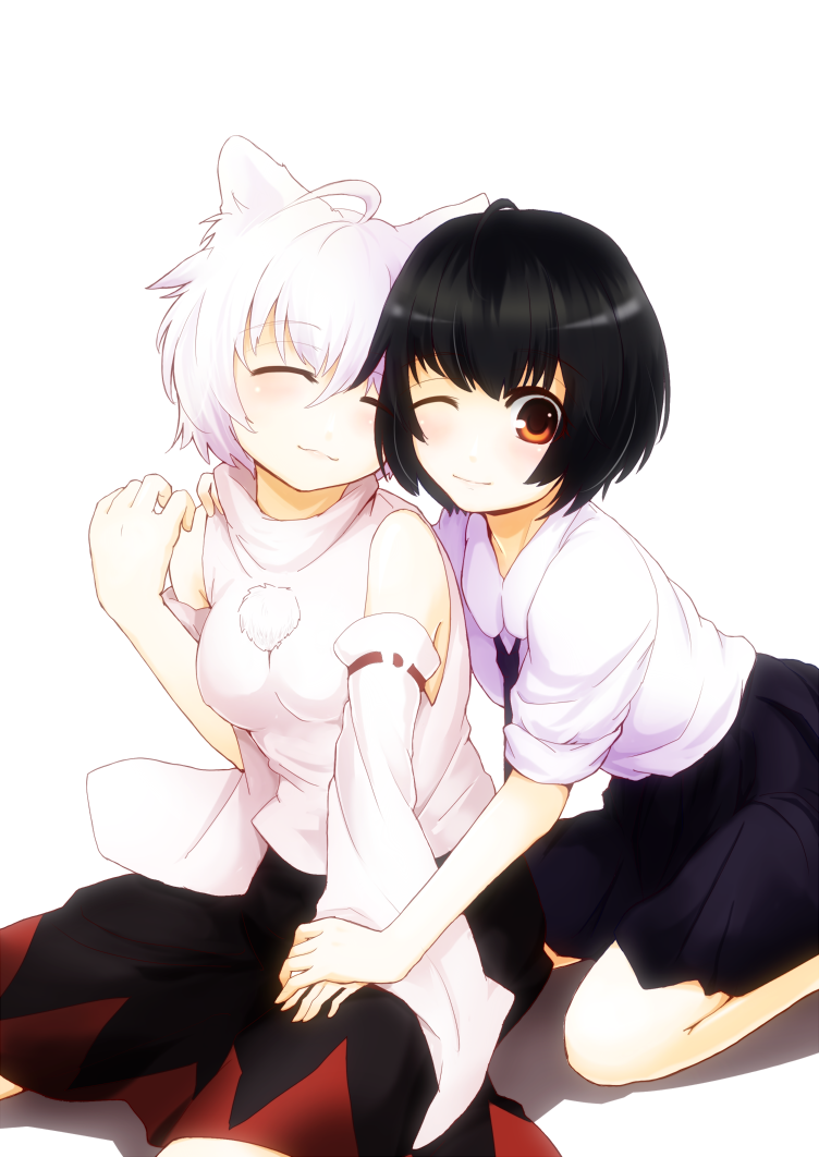 ahoge animal_ears black_hair blush brown_eyes couple detached_sleeves hand_on_shoulder happy holding_hands inubashiri_momiji kneeling kotarou_(yukina1721) multiple_girls necktie one_eye_closed shameimaru_aya shirt short_hair simple_background sitting skirt smile touhou white_background white_hair wolf_ears yuri