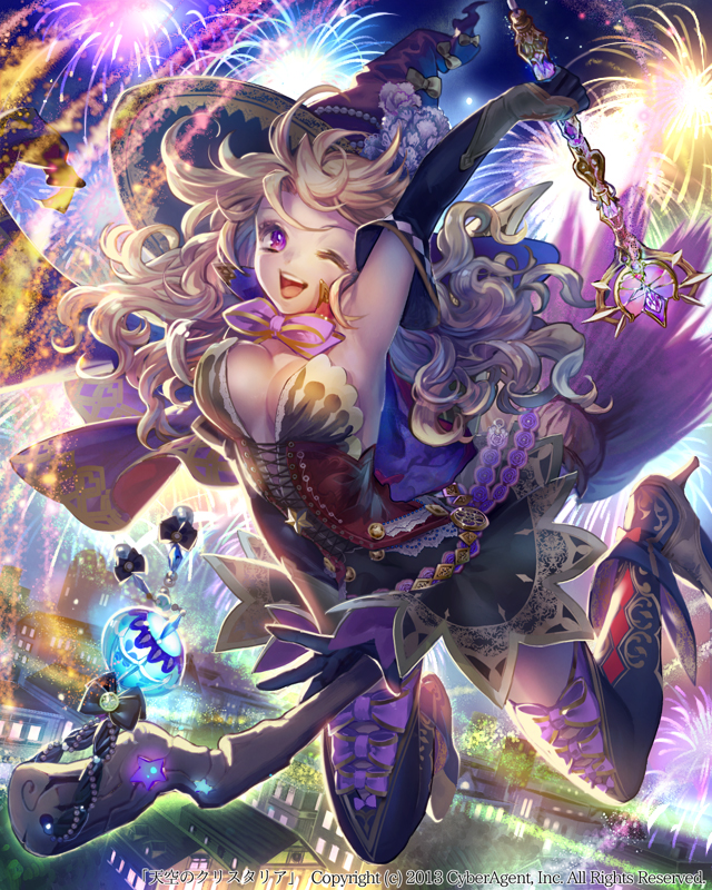 bad_id bad_pixiv_id blonde_hair boots breasts broom broom_riding cleavage company_name copyright_name fireworks hat large_breasts long_hair one_eye_closed open_mouth smile solo tenkuu_no_crystalia thigh_boots thighhighs umiu_geso wand watermark witch witch_hat