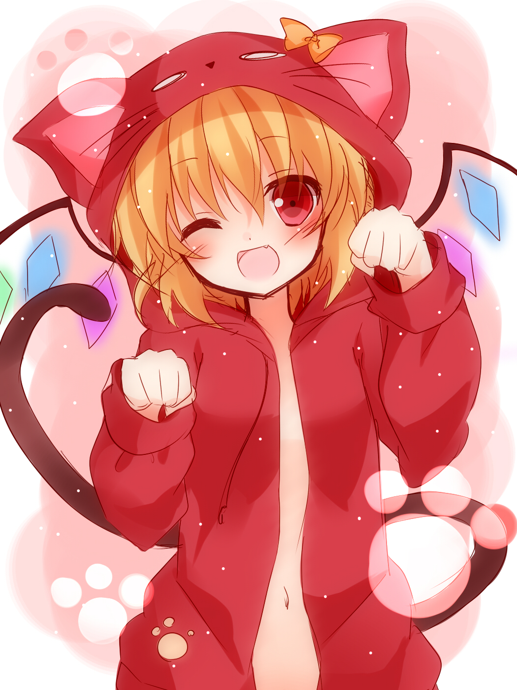 ;d animal_hood bad_id bad_pixiv_id blonde_hair cat_hood cat_tail fang flandre_scarlet highres hood hoodie mogu_(au1127) naked_hoodie navel one_eye_closed open_mouth out-of-frame_censoring paw_pose red_eyes smile solo tail touhou wings