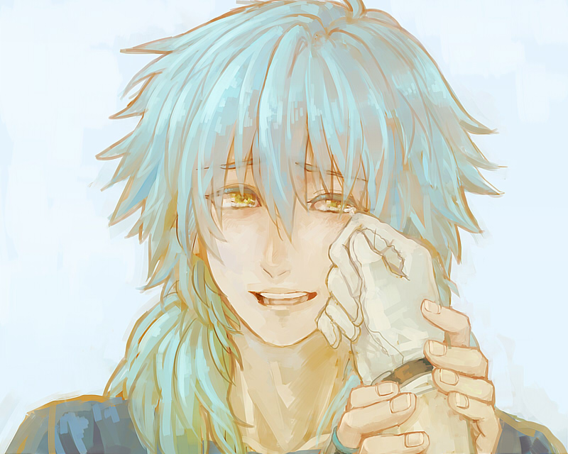 blue_hair clear_(dramatical_murder) dramatical_murder gloves hand_on_another's_cheek hand_on_another's_face long_hair male_focus seragaki_aoba smile soapwort solo_focus tears wiping_tears yellow_eyes