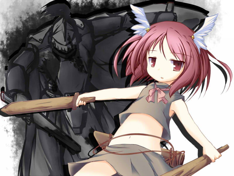 1girl dual_wielding fake_wings hair_ornament holding navel niteni_(stg2739) original parted_lips red_eyes red_hair scabbard sheath short_hair sword weapon wings wooden_sword