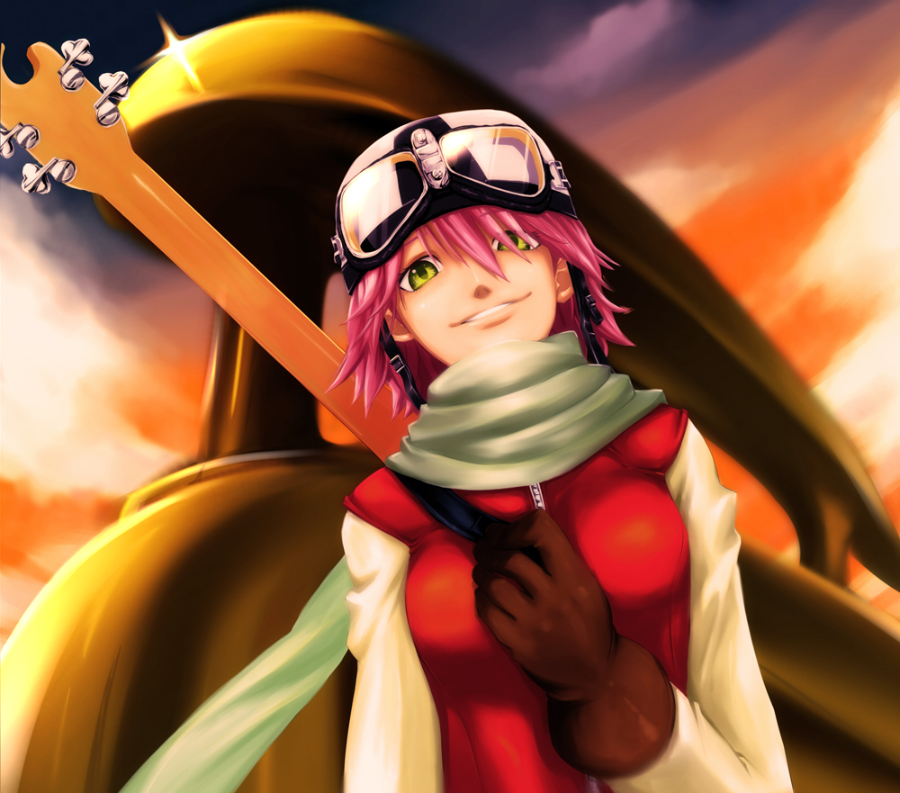 bass_guitar cloud dhiabeibi flcl gloves goggles goggles_on_head green_eyes haruhara_haruko instrument looking_at_viewer pink_hair scarf short_hair sky smile solo yellow_eyes