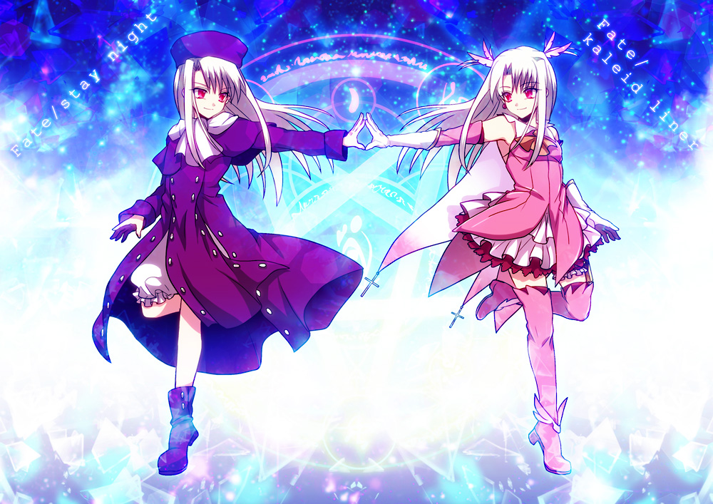 bad_id bad_pixiv_id boots coat dual_persona elbow_gloves fate/kaleid_liner_prisma_illya fate/stay_night fate_(series) feathers gloves hair_feathers hat illyasviel_von_einzbern light_smile long_hair magical_girl multiple_girls outstretched_arm pink_footwear prisma_illya purple_footwear red_eyes scarf standing standing_on_one_leg thighhighs ty_1865 white_hair white_scarf