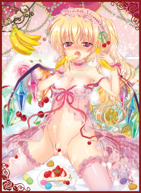 babydoll banana blonde_hair blush border breasts cake censored cherry choker convenient_censoring cream flandre_scarlet flower food fork fruit hair_ornament headband jewelry lace lace-trimmed_thighhighs medium_breasts necklace open_mouth orange pekopokox purple_eyes red_border ribbon see-through sexually_suggestive side_ponytail slice_of_cake solo strawberry thighhighs touhou wings wrist_cuffs