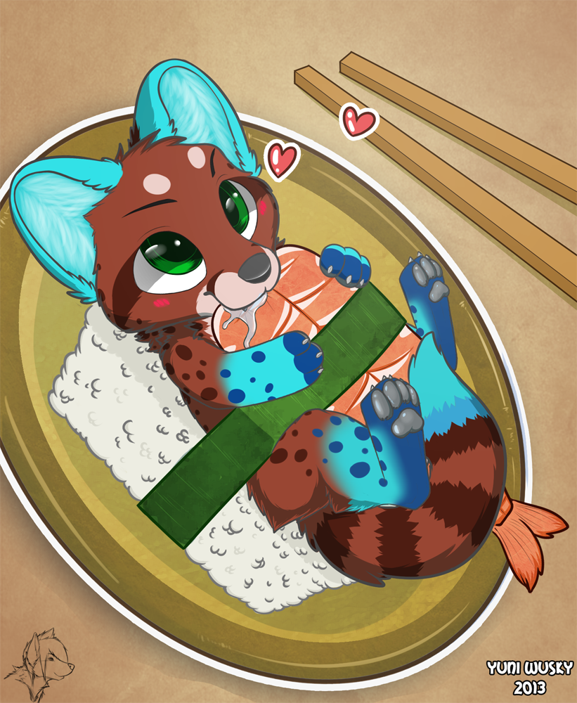 &lt;3 blue_fur blush brown_fur chibi chopsticks cute food fur genet green_eyes plate rice shrimp spots stripes sushi yuniwolfsky