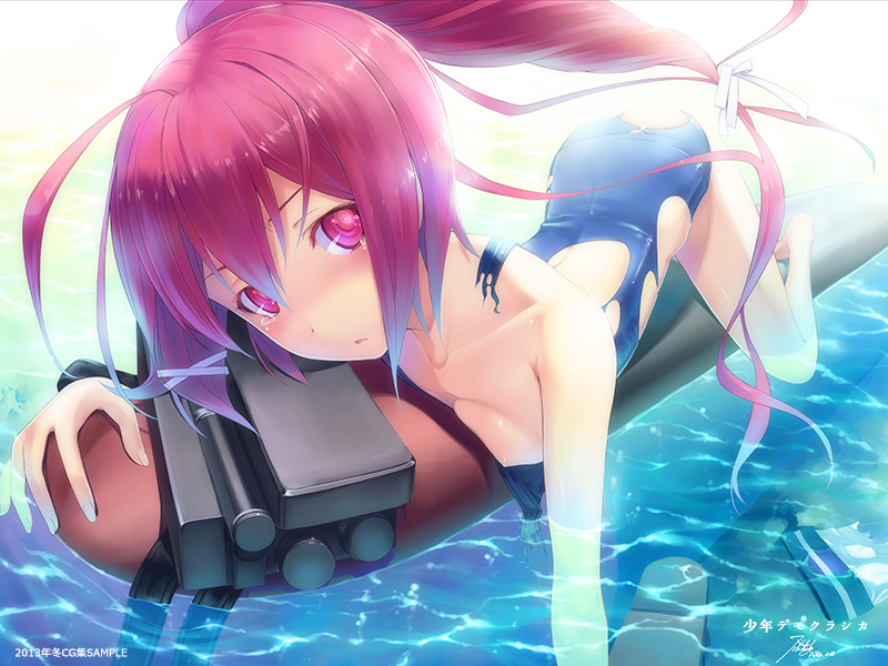 bad_id bad_pixiv_id blush flat_chest hair_ribbon i-168_(kantai_collection) kantai_collection long_hair looking_at_viewer nipples one-piece_swimsuit ponytail red_eyes red_hair ribbon school_swimsuit shounen_democratica solo swimsuit tears torn_clothes torn_swimsuit torpedo water