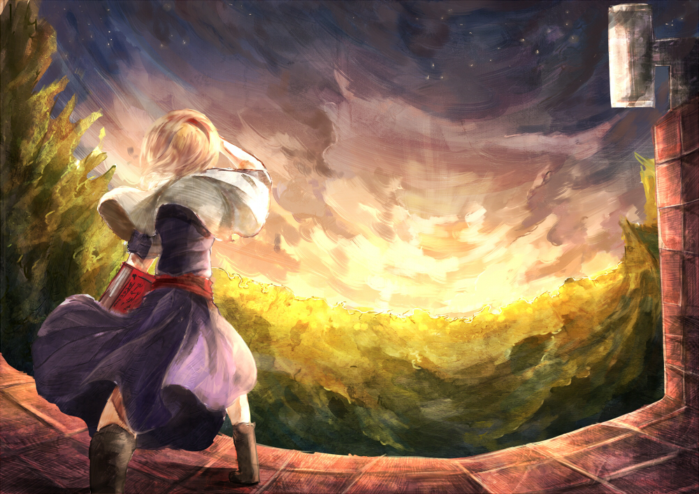 alice_margatroid bad_id bad_pixiv_id blonde_hair book boots capelet cloud dress fisheye forest from_behind hairband hand_to_forehead nature sash short_hair sky solo star_(sky) starry_sky touhou touro twilight wind