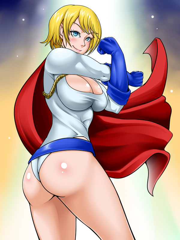 1girl alien ass belt blonde_hair breasts cape cleavage cutout dc_comics kryptonian kuro_fn large_breasts leotard power_girl solo