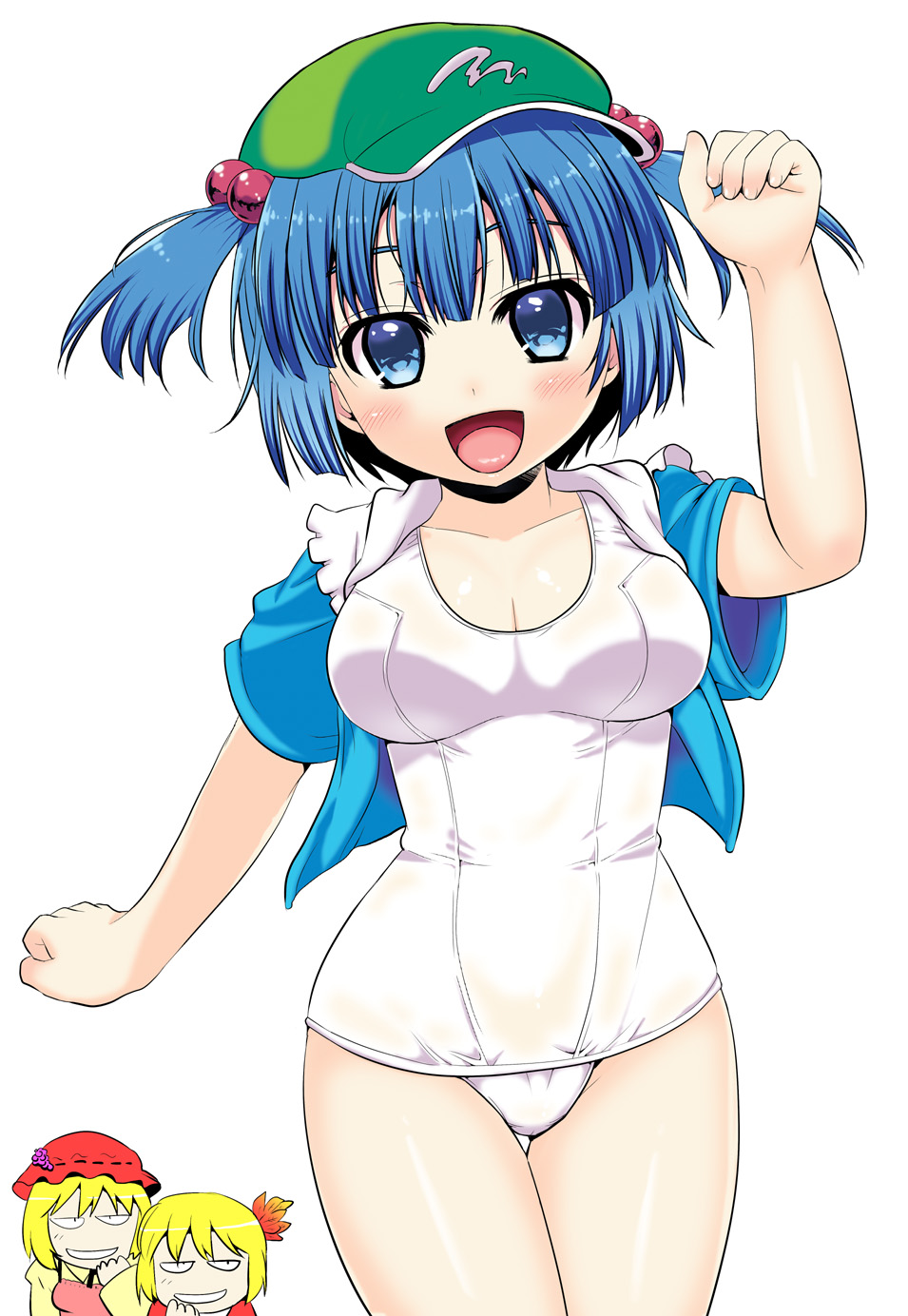 aki_minoriko aki_shizuha blue_eyes blue_hair blush breasts cleavage hair_bobbles hair_ornament highres kawashiro_nitori large_breasts looking_at_viewer multiple_girls one-piece_swimsuit open_mouth school_swimsuit short_hair simple_background swimsuit takadoya touhou two_side_up white_background white_school_swimsuit white_swimsuit
