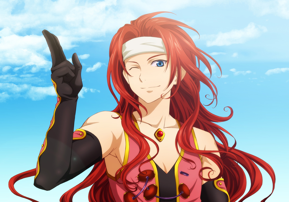 bad_id bad_pixiv_id bare_shoulders blue_eyes gloves headband long_hair male_focus one_eye_closed red_hair solo tales_of_(series) tales_of_symphonia touichi_yuuto zelos_wilder