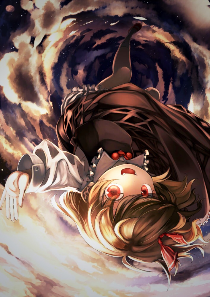 bad_id bad_pixiv_id black_legwear blonde_hair brown_dress cloud cloudy_sky dress fang long_sleeves looking_at_viewer open_mouth outstretched_arms pantyhose perspective red_eyes rumia shirt sky smile solo touhou upside-down yuubari_makuwa