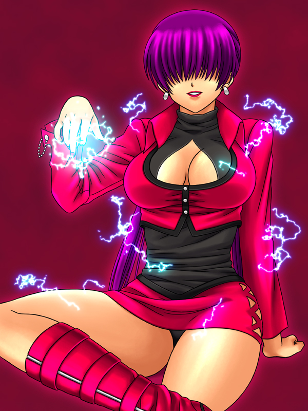 arm_support boots breasts cleavage cleavage_cutout cropped_jacket earrings hair_over_eyes jewelry large_breasts leotard lightning lipstick makeup miniskirt orochi_shermie pink_footwear pluco purple_hair shermie simple_background sitting skirt solo split_ponytail the_king_of_fighters turtleneck twintails