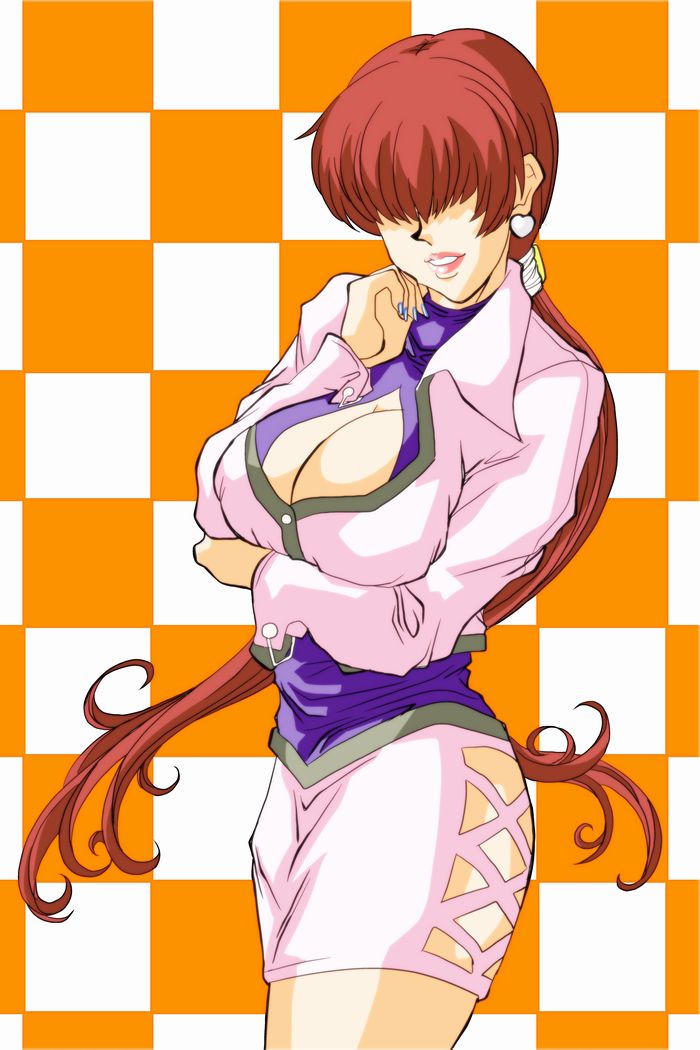 bad_id bad_pixiv_id breast_hold breasts brown_hair checkered checkered_background cleavage cleavage_cutout cropped_jacket earrings hair_over_eyes heart heart_earrings jewelry large_breasts leotard lipstick long_hair makeup miniskirt mitake830 nail_polish shermie skirt solo the_king_of_fighters thighs twintails