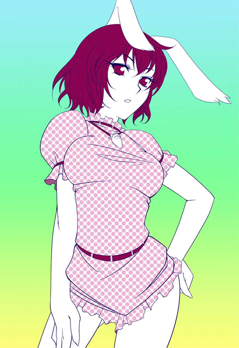 animal_ears breasts bunny_ears dress gradient gradient_background hand_on_hip hayashi_custom inaba_tewi jewelry medium_breasts necklace older red_eyes short_hair short_sleeves solo touhou unmoving_pattern